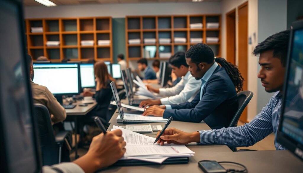 A bustling office setting, with individuals seated at desks diligently filling out paperwork and typing on computers. The atmosphere is one of focused concentration, as the prospective LPDP scholarship applicants navigate the registration process. Soft, warm lighting illuminates the scene, casting a professional and welcoming ambiance. The composition features a mix of foreground details, such as hands grasping pens and keyboards, alongside a middle-ground view of the application forms and computer screens. In the background, a sense of order and organization is conveyed through neatly arranged shelves and filing cabinets. The overall impression is one of a well-structured, efficient LPDP registration procedure.