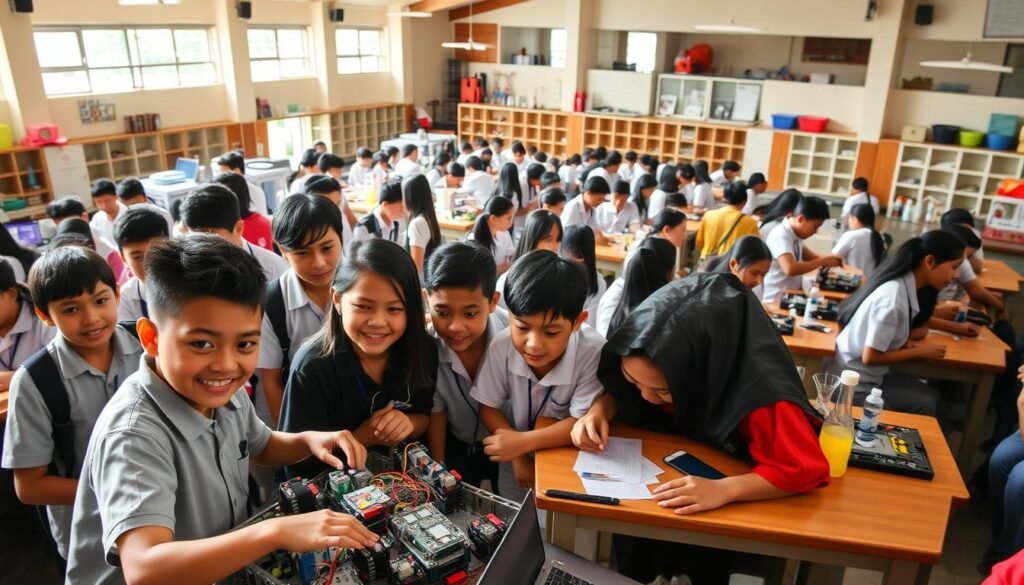 A bustling school campus in Indonesia, with a diverse group of students engaged in hands-on STEM activities. In the foreground, a group of students work collaboratively on a robotics project, their faces alight with excitement and concentration. In the middle ground, another cluster of students conduct science experiments, surrounded by a variety of scientific equipment and materials. In the background, the school's state-of-the-art laboratories and classrooms are visible, showcasing the challenges of implementing STEM education in a resource-constrained environment. The scene is illuminated by warm, natural lighting, creating a sense of energy and optimism, despite the apparent obstacles. The overall atmosphere conveys the determination and innovative spirit of Indonesia's STEM educators and students, as they navigate the complexities of integrating these critical subjects into the national curriculum.
