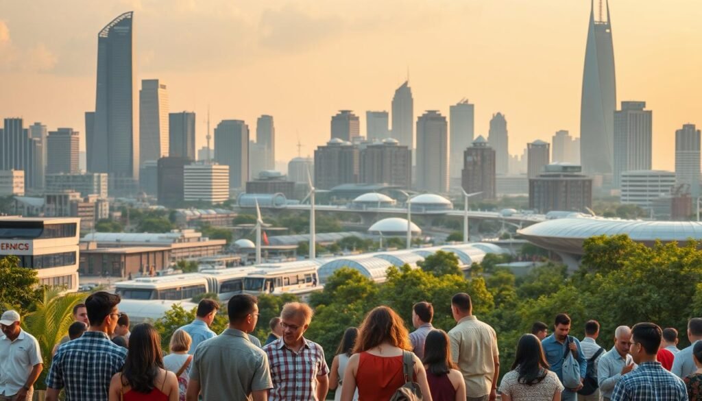 A bustling urban landscape, with a harmonious blend of modern architecture and lush greenery. In the foreground, people of diverse backgrounds engage in constructive dialogue, seeking collaborative solutions to the challenges of contemporary society. The middle ground features innovative infrastructure, such as efficient public transportation and renewable energy sources, symbolizing progress and sustainability. In the background, towering skyscrapers and state-of-the-art facilities stand as a testament to the advancements of the modern era. Warm, golden-hued lighting casts a hopeful glow, and a sense of unity and purpose permeates the scene, capturing the essence of a thriving, forward-thinking community.
