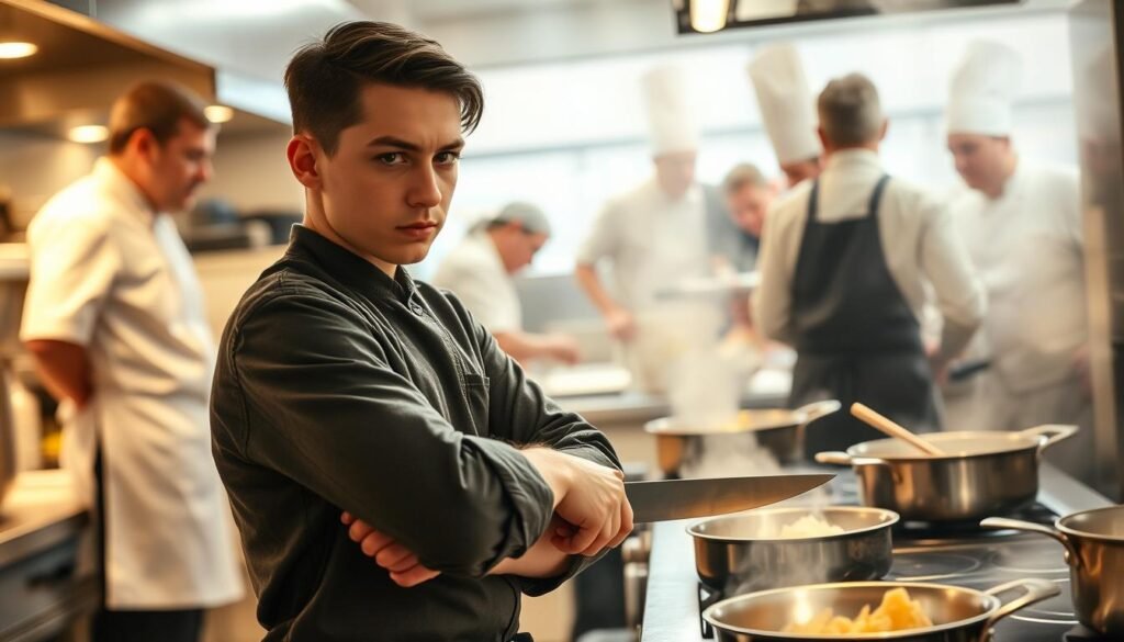 A busy kitchen scene, a young kitchen hand stands amidst the organized chaos, sleeves rolled up, wielding a sharp knife with precision. Pots and pans sizzle on the stovetop, steam rising in the warm, well-lit space. The kitchen hand's face is focused, brows furrowed in concentration as they prepare ingredients for the day's menu. In the background, seasoned chefs barking orders, orchestrating the rhythm of the kitchen. The kitchen hand's posture exudes a quiet confidence, a testament to the skills and experience gained through hard work and dedication. A sense of purpose and determination fills the air, capturing the transformative journey from kitchen hand to culinary professional.