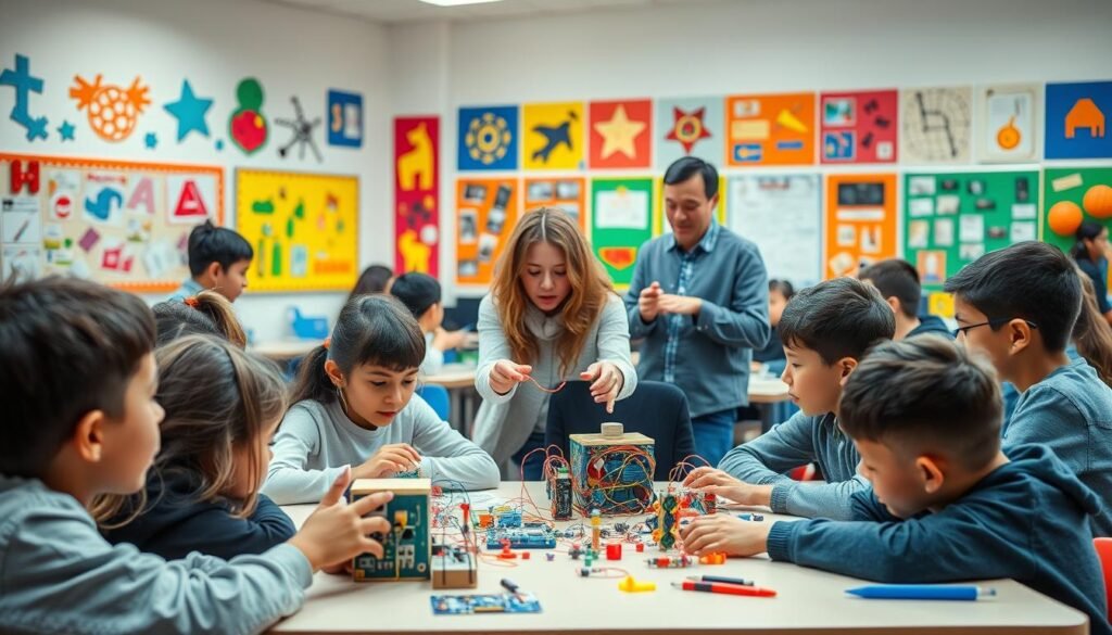 A classroom filled with engaged students, working collaboratively on STEM-based projects. In the foreground, a group of students huddled around a table, designing and building a small-scale model using recycled materials. Mid-frame, a teacher gestures animatedly, guiding the class through an experiment involving circuits and electronic components. The background reveals vibrant, colorful wall displays showcasing student work, ranging from 3D-printed structures to coding projects. Soft, diffused lighting illuminates the scene, creating a warm, inviting atmosphere conducive to learning and discovery. The overall composition conveys a sense of excitement and wonder as the students explore the wonders of science, technology, engineering, and mathematics.