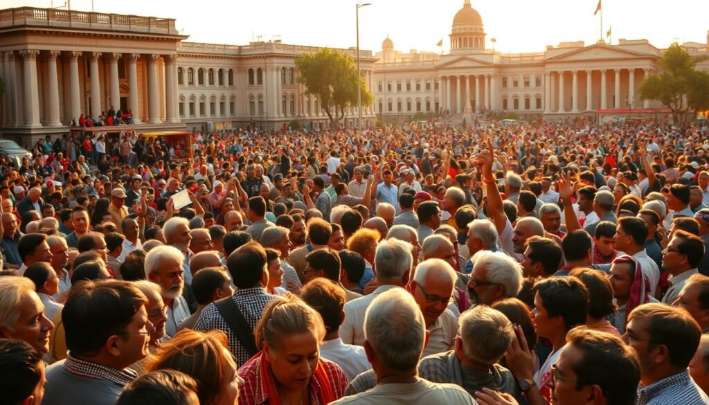 A crowded town square, bustling with citizens engaged in lively political discourse. In the foreground, a group of people animatedly discussing policy proposals, their expressions reflecting a range of emotions - from passionate advocacy to thoughtful contemplation. In the middle ground, a makeshift stage with a speaker rallying the crowd, their words igniting a sense of civic duty. In the background, government buildings and monuments stand as silent witnesses to the ongoing political process, bathed in warm, golden light that creates a sense of history and tradition. The scene conveys a palpable energy, a community actively participating in the shaping of their collective future.
