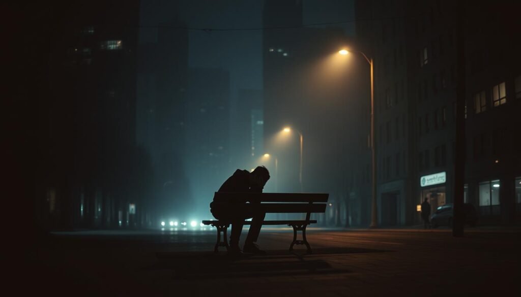 A dimly lit city street, shrouded in a hazy, melancholic atmosphere. In the foreground, a solitary figure sits hunched on a park bench, their head in their hands, radiating a sense of profound mental anguish. The background is a blur of towering buildings, their windows like empty, soulless eyes. The lighting is somber, casting long shadows that seem to weigh heavily on the scene. A sense of isolation and disconnection permeates the image, reflecting the complexities and challenges of modern mental health struggles.
