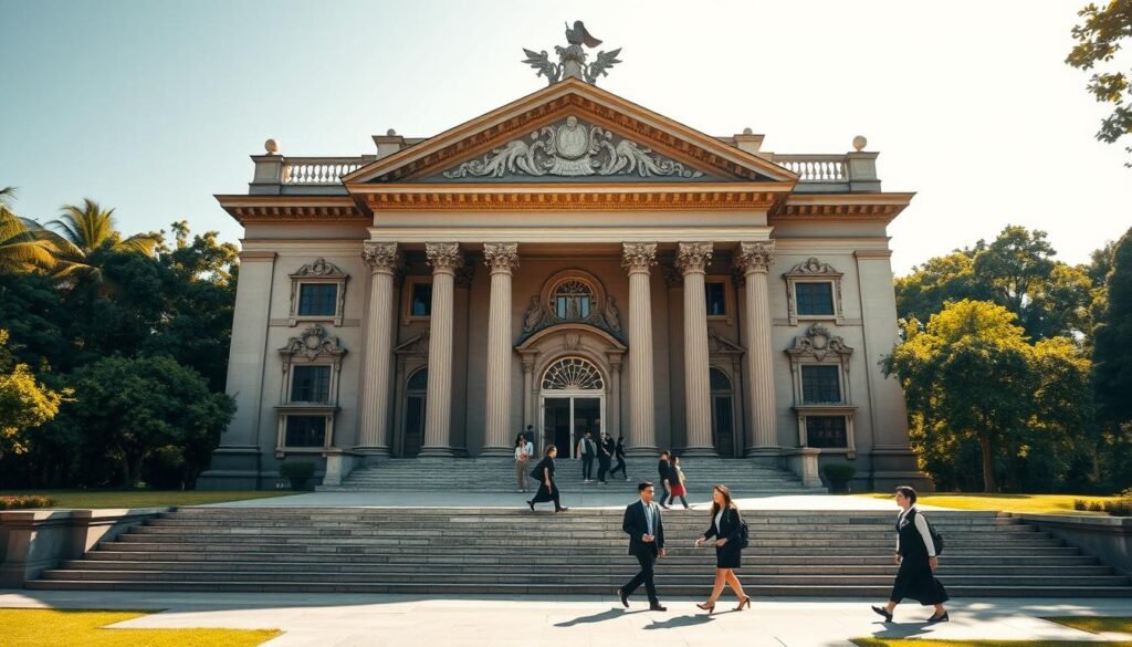 A grand, majestic building set against a backdrop of lush greenery, its ornate facade exuding an air of academic prestige. The entrance is framed by a set of grand columns, casting long shadows that dance across the sun-dappled steps. Intricate architectural details adorn the structure, from the ornate window frames to the meticulously carved stonework. A sense of intellectual pursuit permeates the scene, with students and faculty moving purposefully through the grounds, dressed in formal academic attire. The lighting is warm and golden, accentuating the timeless elegance of the Program Studi Antropologi.