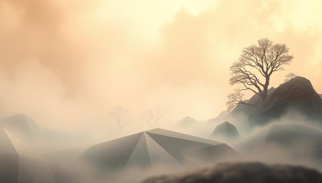 A serene cognitive landscape, where the interplay of cognition and emotion unfolds. In the foreground, a delicate balance of thought and feeling, represented by ethereal geometric shapes in a soft, muted palette. The middle ground features a blend of organic and abstract elements, hinting at the intricate relationship between the rational and the emotive. In the background, a sense of depth and introspection is evoked through a dreamlike, atmospheric setting, bathed in warm, diffused lighting. The overall composition conveys a sense of harmony and interconnectedness, reflecting the inseparable nature of cognition and emotion.