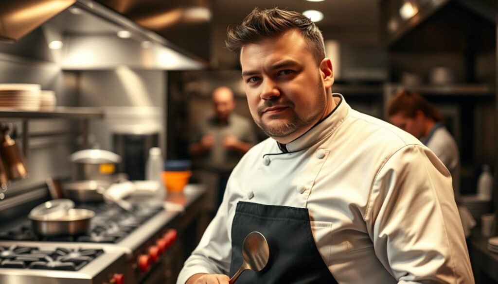 A stylish, well-lit portrait of Chef Arnold in his chef's uniform, standing in a professional kitchen setting. The foreground shows the chef with a confident, determined expression, holding a spatula and surrounded by various cooking implements. The middle ground features a stainless steel kitchen counter, a range, and other kitchen appliances, conveying a sense of a high-end, modern restaurant kitchen. The background is slightly blurred, showcasing an out-of-focus view of the kitchen staff working in the background, creating an atmosphere of a bustling, professional kitchen environment. The lighting is warm and directional, highlighting the chef's face and adding depth to the scene. The overall tone is one of professionalism, success, and culinary expertise.