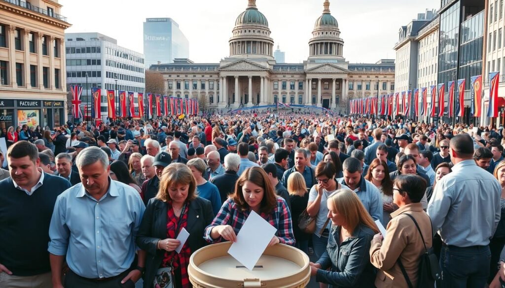 A town square filled with crowds of engaged citizens actively participating in a democratic election process. In the foreground, a group of people casting their ballots into a ballot box with a sense of civic duty. In the middle ground, colorful campaign banners and posters lining the streets, highlighting the vibrant political discourse. In the background, modern government buildings and landmarks serve as a backdrop, conveying a sense of institutional stability. The scene is illuminated by warm, natural lighting, creating a sense of optimism and community. The overall atmosphere evokes a peaceful, well-organized, and inclusive democratic exercise.