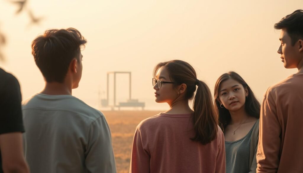 A tranquil, contemplative scene depicting the cognitive development of adolescents. In the foreground, a group of teenagers engaged in thoughtful discussion, their expressions reflecting the inner workings of their minds. The middle ground features a serene, minimalist setting with simple geometric shapes and soft, muted colors, symbolizing the structured yet flexible nature of cognitive growth. In the background, a hazy, dreamlike landscape with subtle, ethereal elements, representing the boundless potential and abstract realms of the adolescent mind. Warm, diffused lighting casts a contemplative glow, and the composition is framed with a sense of balance and harmony, mirroring the delicate yet profound nature of cognitive development during this pivotal stage of life.