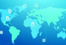 Ilustrasi Politik Ekonomi Digital Global menampilkan jaringan digital yang menghubungkan berbagai negara