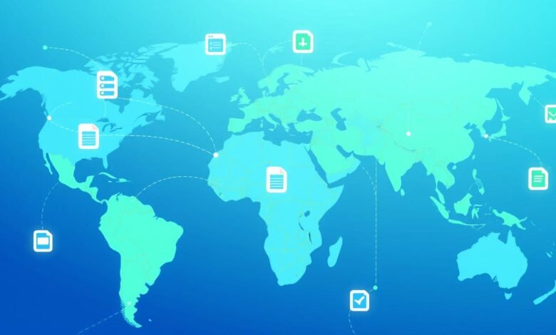 Ilustrasi Politik Ekonomi Digital Global menampilkan jaringan digital yang menghubungkan berbagai negara