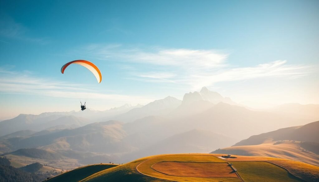 A breathtaking paragliding destination set against a majestic backdrop of lush, rolling hills and a serene, azure sky. In the foreground, a lone paraglider soars effortlessly, its colorful canopy billowing in the gentle breeze. The middle ground reveals a well-maintained launch site, with a smooth, grassy surface and a clear, unobstructed path for a safe takeoff. In the distance, towering mountains rise up, their peaks capped with a dusting of snow, creating a dramatic and awe-inspiring landscape. The lighting is soft and warm, casting a golden glow over the entire scene, evoking a sense of tranquility and adventure. The overall mood is one of serenity, wonder, and the pure exhilaration of flight.