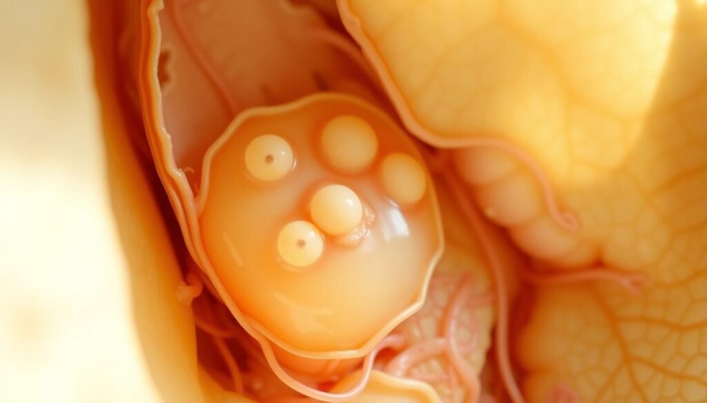 A detailed cross-section of the female gonad (ovary) of a reptile, illuminated by soft, diffuse natural lighting. The ovary is situated within the abdominal cavity, surrounded by delicate connective tissue and musculature. Prominent follicles containing developing ova are visible, along with the intricate vascular network supplying the gonad. The image has a neutral, scientific tone, emphasizing the anatomical structures and their relationships, suitable for illustrating the "Female Gonads in Reptiles" section of the article.