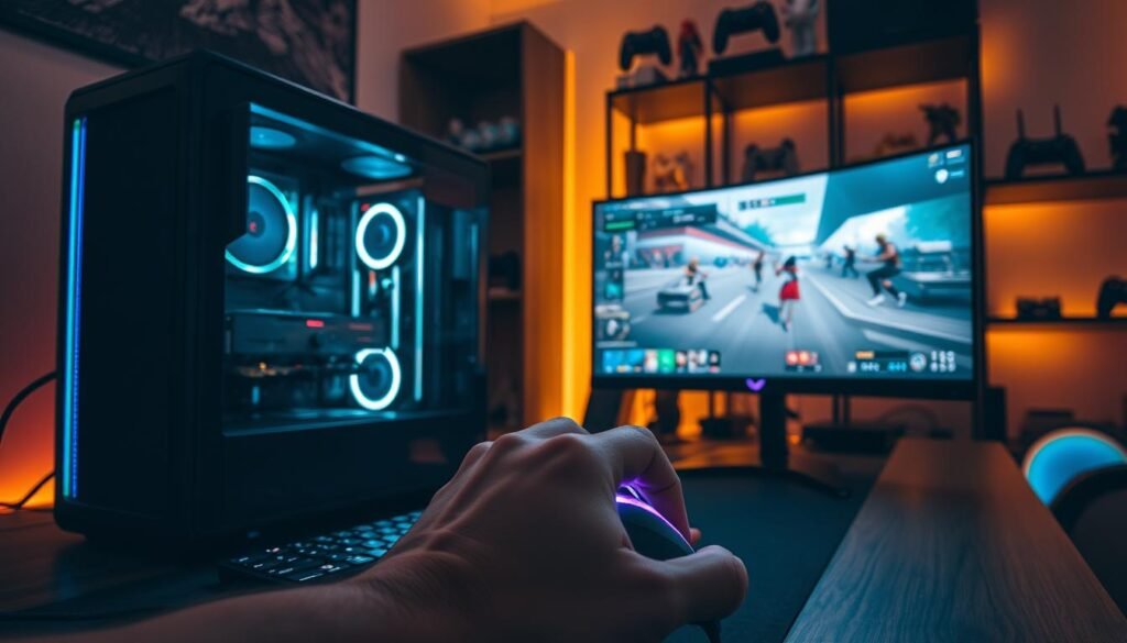 A dimly lit gaming setup with a high-end desktop computer, RGB-backlit mechanical keyboard, and a sleek gaming mouse. In the foreground, a person's hands are intently gripping the mouse, their face partially obscured as they focus on the ultrawide monitor displaying an intense multiplayer game. Shelves in the background hold various gaming peripherals, figurines, and controller accessories, creating a sense of an immersive, passion-driven gaming environment. Soft, warm lighting casts a cozy glow, setting the mood for a dedicated gaming session that could potentially generate income.