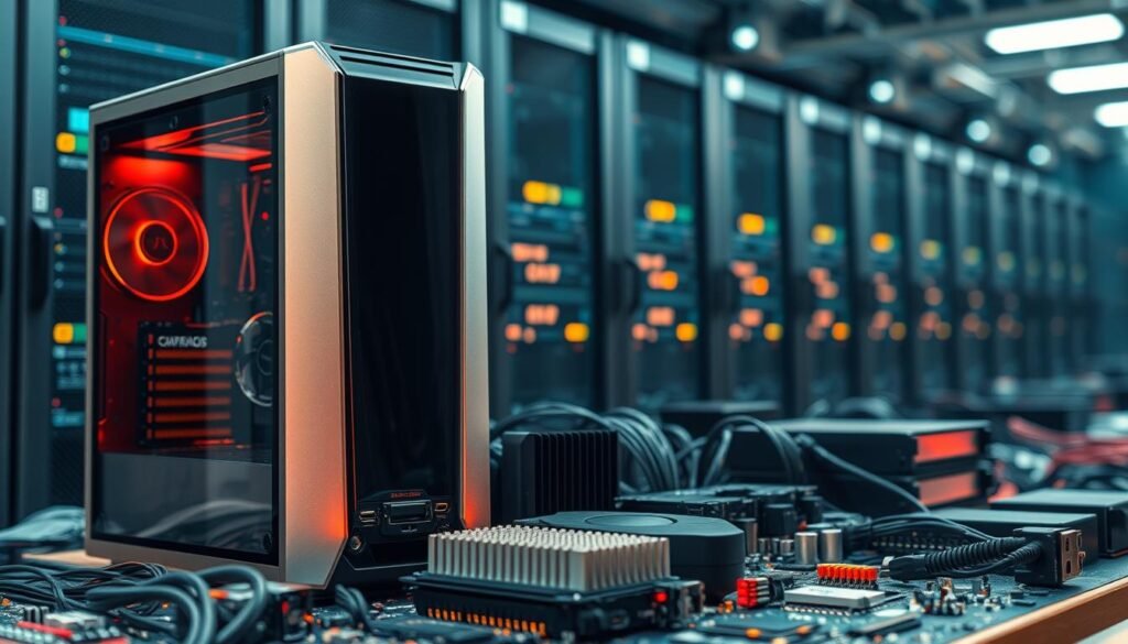 A high-quality, intricately detailed image of various computer hardware components arranged in a visually striking and aesthetically pleasing composition. The foreground should feature a sleek, modern desktop computer tower, its metallic chassis gleaming under warm, directional lighting. Surrounding it, a collection of other essential hardware parts, such as a state-of-the-art graphics card, a high-speed solid-state drive, and a cutting-edge processor heatsink. In the middle ground, a collection of interconnected circuit boards, wires, and cables, creating a sense of technological complexity and interconnectivity. In the background, a blurred, ethereal landscape of server racks, networking switches, and other enterprise-level hardware, conveying a sense of scale and the broader ecosystem of computer systems. The overall mood should be one of technical sophistication, innovation, and the power of modern computing hardware.