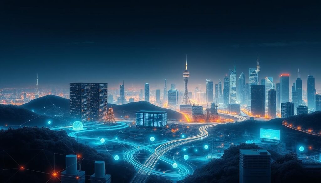 A modern, interconnected landscape depicting the convergence of the Internet of Things (IoT), cloud computing, and cybersecurity. In the foreground, an array of smart devices - from home automation systems to industrial sensors - seamlessly integrated and communicating via wireless protocols. The middle ground showcases a dynamic cloud infrastructure, with data centers and server racks processing and storing vast amounts of information. In the background, a cityscape with towering skyscrapers and glowing computer networks, representing the cybersecurity landscape and the ubiquitous presence of digital threats. The scene is illuminated by a warm, ambient lighting, conveying a sense of progress and technological innovation, while subtle hues of blue and green evoke the themes of connectivity and sustainability. The overall composition highlights the essential role of IoT, cloud, and cybersecurity in shaping the future of technology and its impact on various industries.