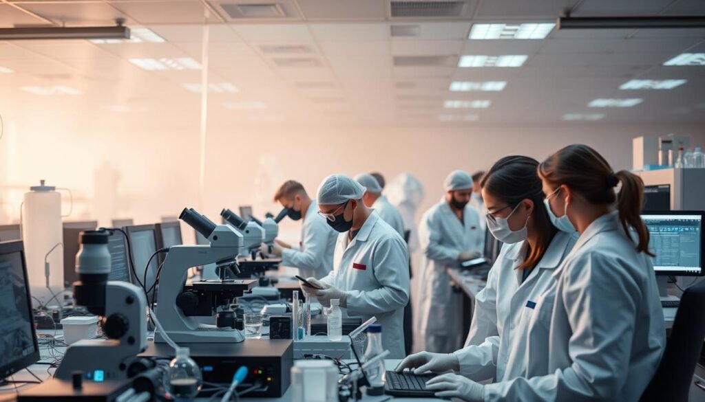 A research laboratory filled with advanced scientific equipment, including microscopes, test tubes, and computer terminals. In the foreground, a team of scientists in white lab coats and protective gear are intently focused on their work, analyzing data and collaborating on a cutting-edge project. The background is slightly hazy, with a sense of energy and discovery in the air. Soft, diffuse lighting illuminates the scene, creating an atmosphere of concentrated research and innovation. The overall impression is one of a dynamic, technology-driven environment dedicated to the pursuit of biological knowledge and understanding.