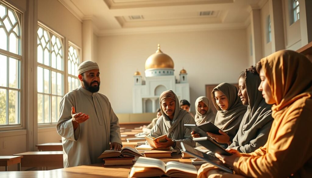 A serene, sun-dappled classroom with students of diverse backgrounds engaged in thoughtful discourse. Soft, warm lighting filters through large windows, casting a tranquil glow on the scene. In the foreground, a teacher in traditional Islamic attire gestures animatedly, guiding the students in a Socratic dialogue. The middle ground features young men and women intently studying ancient texts and modern tablets, their expressions reflecting a harmonious blend of scholarly pursuit and spiritual contemplation. In the background, a majestic domed structure stands as a symbol of the rich heritage of Islamic education, seamlessly integrating tradition and innovation. The overall atmosphere conveys a vision of the future of Islamic education - one that nurtures both intellectual rigor and moral excellence. A serene, sun-dappled classroom with students of diverse backgrounds engaged in thoughtful discourse. Soft, warm lighting filters through large windows, casting a tranquil glow on the scene. In the foreground, a teacher in traditional Islamic attire gestures animatedly, guiding the students in a Socratic dialogue. The middle ground features young men and women intently studying ancient texts and modern tablets, their expressions reflecting a harmonious blend of scholarly pursuit and spiritual contemplation. In the background, a majestic domed structure stands as a symbol of the rich heritage of Islamic education, seamlessly integrating tradition and innovation. The overall atmosphere conveys a vision of the future of Islamic education - one that nurtures both intellectual rigor and moral excellence.