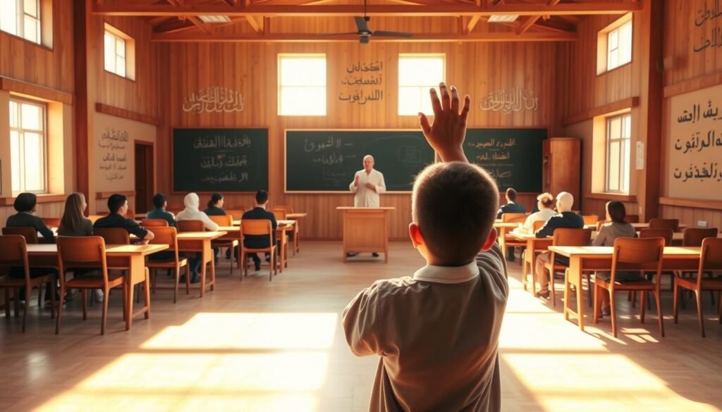 A serene, well-lit classroom setting with wooden desks and chairs arranged in a semi-circular formation. In the center, a teacher stands before a chalkboard, gesturing as they explain concepts to attentive students. The walls are adorned with Islamic calligraphy and inspirational quotes, creating an atmosphere of contemplation and learning. Sunlight streams in through large windows, casting a warm glow over the scene. In the foreground, a student raises their hand, eager to contribute to the discussion on integrating knowledge and moral character in Islamic education. A serene, well-lit classroom setting with wooden desks and chairs arranged in a semi-circular formation. In the center, a teacher stands before a chalkboard, gesturing as they explain concepts to attentive students. The walls are adorned with Islamic calligraphy and inspirational quotes, creating an atmosphere of contemplation and learning. Sunlight streams in through large windows, casting a warm glow over the scene. In the foreground, a student raises their hand, eager to contribute to the discussion on integrating knowledge and moral character in Islamic education.