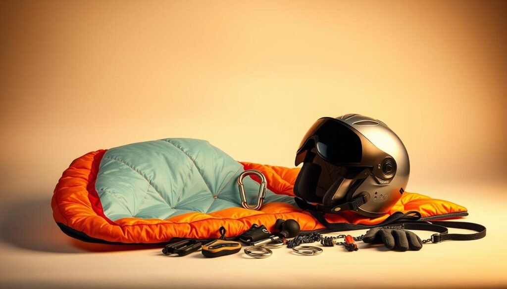 A striking still life showcasing the essential equipment for paragliding. In the foreground, a sleek, colorful paraglider wing lies neatly unfolded, its intricate fabric and suspension lines meticulously detailed. Beside it, a pilot's helmet with a visor glistens under warm studio lighting, conveying a sense of readiness and adventure. In the middle ground, a carabiner, gloves, and other small accessories are arranged in an orderly fashion, hinting at the technical precision required for this extreme sport. The background features a neutral, minimalist setting, allowing the equipment to take center stage and emphasize its importance for a successful and safe paragliding expedition.