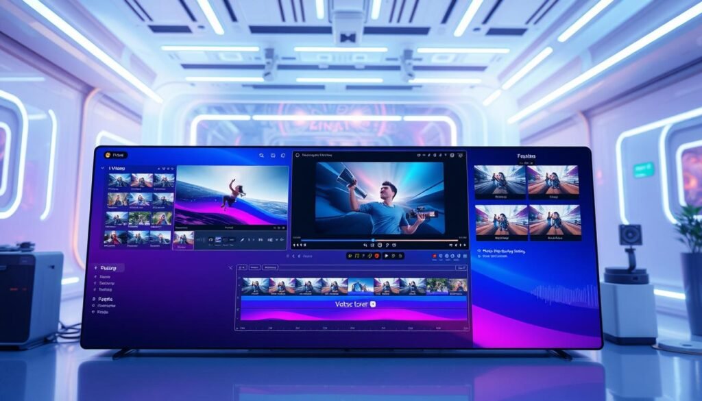 A vibrant and dynamic video creation platform, showcasing an array of modern video editing tools and features. In the foreground, a sleek and intuitive user interface with a central video preview window, surrounded by a variety of customizable editing options and effects. In the middle ground, various video and audio assets, including footage, overlays, and sound clips, neatly organized and ready for seamless integration. The background depicts a futuristic, high-tech environment, with clean lines, subtle gradients, and a sense of technological advancement, conveying the platform's innovative and cutting-edge nature. Bright, crisp lighting illuminates the scene, creating a professional and polished atmosphere, perfect for empowering content creators to bring their visions to life.