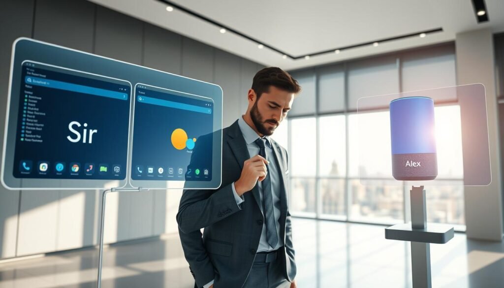 A futuristic scene showcasing a comparison of various virtual assistants. In the foreground, display sleek, high-tech interfaces of popular virtual assistants—Siri, Google Assistant, and Alexa—arranged on transparent screens. Each interface should feature distinct colors and design elements to emphasize their unique characteristics. In the middle ground, include a professional individual dressed in business attire, analyzing the interfaces with a focused expression. The background should feature a modern, minimalistic office space with soft, diffused lighting streaming in through a large window, casting gentle shadows. Use a wide-angle lens to create depth, evoking a mood of innovation and professionalism. The overall atmosphere should be clean, bright, and inspiring, emphasizing the evolution of virtual assistant technology.