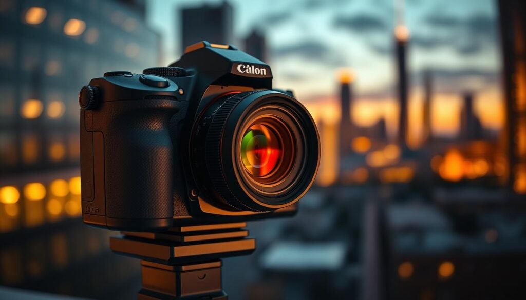 A high-resolution image depicting a professional 48 MP camera system, prominently showcasing its sleek design and advanced features. In the foreground, focus on the camera body with a textured grip and precision-engineered controls, emphasizing the sharp lens and illuminated flash. In the middle, include a backdrop of a blurred cityscape during golden hour, casting warm light that highlights the reflective surface of the camera. Subtle bokeh effects enhance the depth of field, creating an artistic separation. The mood is modern and sophisticated, conveying a sense of innovation and high-tech elegance, suitable for tech enthusiasts. Ensure the image is vibrant, without any text overlays or watermarks.