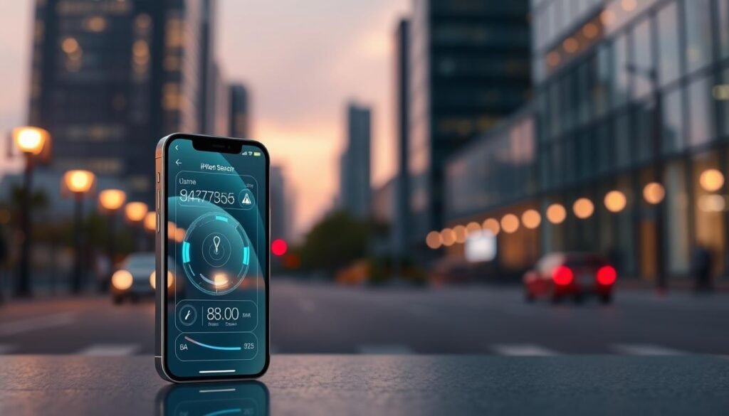 A modern, sleek iPhone 17 Pro Max displayed prominently in the foreground, showcasing its advanced collision detection feature with a simulated digital interface illustrating real-time sensor data. The middle ground features a blur of urban landscape, representing the everyday environment where the iPhone’s safety features come into play. The background consists of a soft-focus city skyline at dusk, with warm lighting from street lamps reflecting off glass buildings. The scene conveys a sense of high-tech security and innovation, with a professional atmosphere. The image captures a mood of reliability and sophistication, emphasizing the iPhone’s cutting-edge technology in personal safety. The lighting is soft yet clear, highlighting the iPhone while keeping the surrounding elements harmonious and inviting.