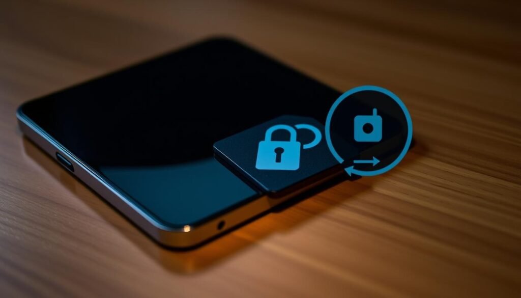 A secure Android device with an encrypted SD card lying on a wooden table, illuminated by soft, diffused lighting. The card is the focal point, with a padlock icon and a stylized encryption graphic overlaid on its surface, conveying the idea of data protection. The background is a blurred, neutral tone, allowing the card to stand out prominently. The overall scene has a professional, technical aesthetic, suitable for illustrating a guide on encrypting important files on Android SD cards.