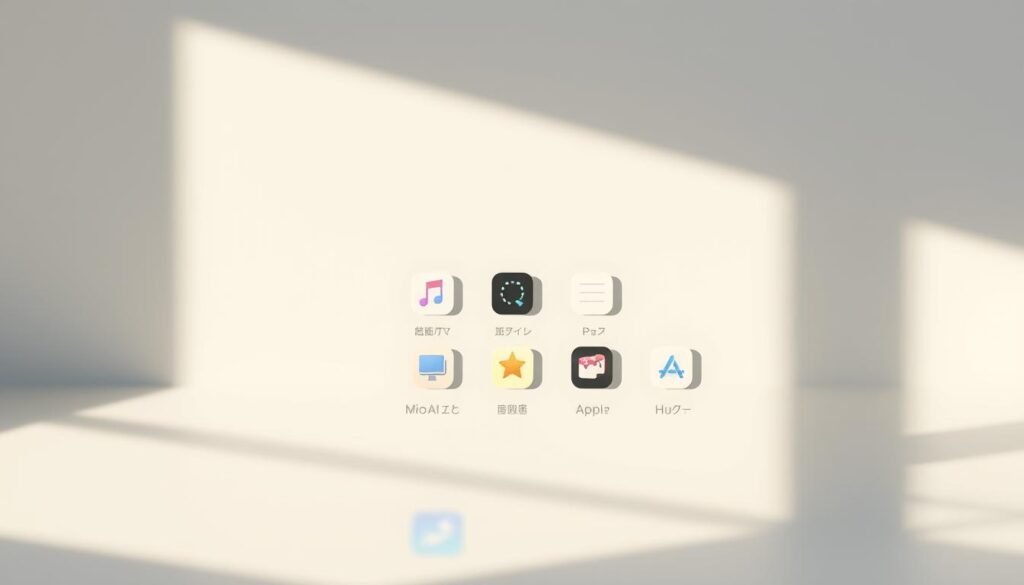 A sleek, minimalist iOS 18 home screen with a clean, uncluttered layout. The background is a serene gradient of soft blues and greys, creating a calming atmosphere. The app icons are neatly arranged in a grid, using a modern, geometric design language that is visually appealing. The icons are rendered with a subtle 3D effect, adding depth and dimension. The screen is bathed in a warm, natural lighting that casts gentle shadows, giving the overall scene a sense of depth and realism. The camera angle is slightly elevated, providing a comprehensive view of the home screen layout and the user's key apps and widgets. The home screen conveys a sense of efficiency, organization, and a refined, intuitive user experience.