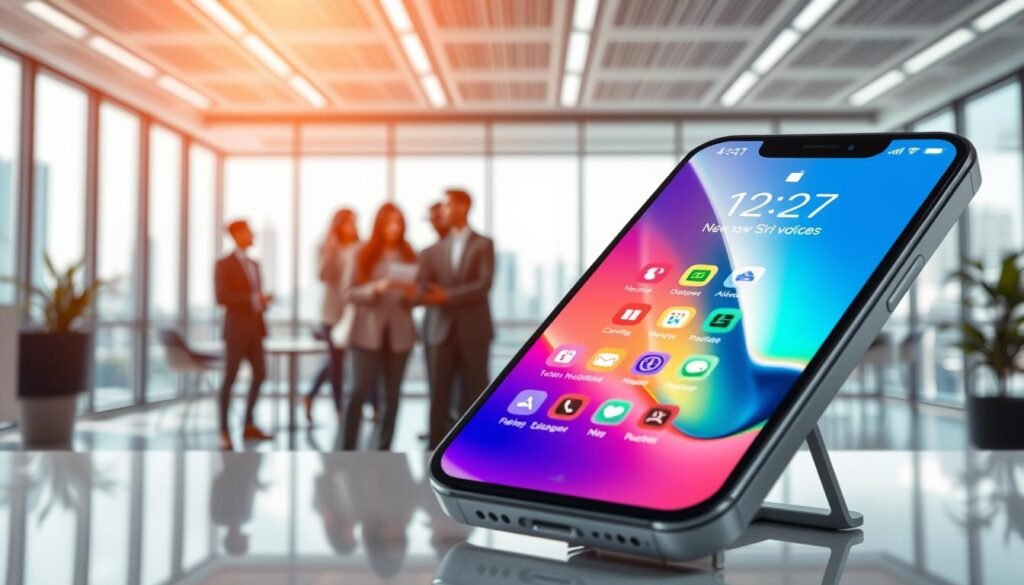 A sleek, modern representation of "iOS 27" featuring a futuristic smartphone interface displaying several new Siri voices. Foreground: a close-up of the phone, showcasing an elegant, translucent user interface with vibrant colors and smooth animations that embody a tech-savvy aesthetic. Middle ground: a diverse group of professionals in professional business attire, engaged in discussion around the smartphone, highlighting collaboration and innovation. Background: a minimalist, high-tech office environment with large windows, filling the space with natural light, and cityscape views. The atmosphere is dynamic and inspiring, exuding a sense of progress and excitement about technology. Soft lighting enhances the image, creating engaging reflections on the phone's screen. The composition should emphasize clarity and vision without any text or logos.
