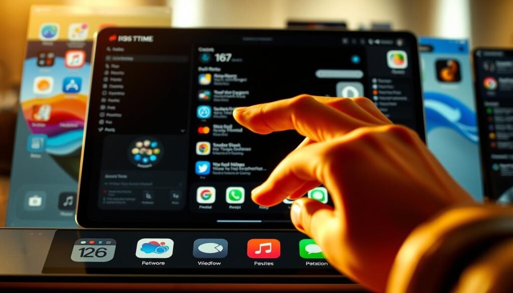 A vibrant and intuitive iOS interface with seamlessly integrated features, bathed in warm, natural lighting that highlights the sleek, minimalist design. The foreground showcases various iOS icons and controls, inviting the user to explore the updated functionality. The middle ground depicts a user's hand effortlessly navigating through the UI, emphasizing the responsive and efficient gesture-based interactions. The background subtly blends iOS app windows and elements, creating a sense of depth and technological sophistication. The overall atmosphere conveys a modern, polished, and productivity-focused experience that empowers the user to maximize their iOS device's potential.