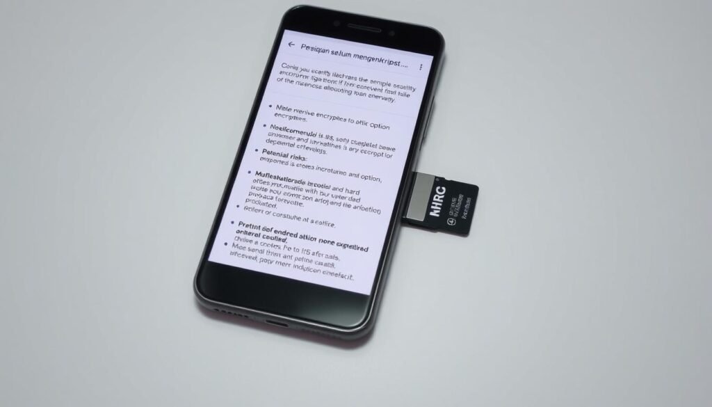 A well-lit, high-angle shot of an Android smartphone with a microSD card reader, showcasing the process of preparing to encrypt sensitive files. The scene has a professional, technical feel, with a clean, minimalist background that emphasizes the device and card. The smartphone's screen displays information about encryption options, compatibility, and potential risks, providing a clear visual representation of the "Persiapan sebelum mengenkripsi" section. The overall composition and lighting create a sense of focus and attention to detail, reflecting the importance of understanding the encryption process before implementation.