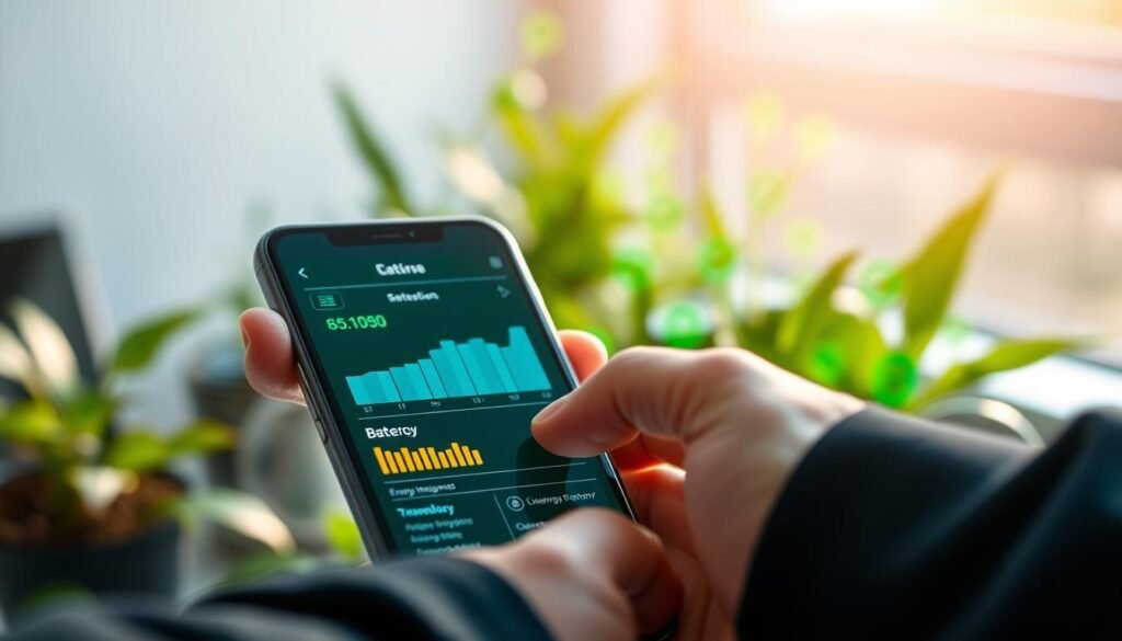 A close-up view of a smartphone battery optimization interface on a vibrant, modern smartphone screen, showcasing graphs and analytics displaying battery usage and energy management. In the foreground, a hand, dressed in a professional business attire, interacts with the touchscreen, adjusting settings for energy efficiency. The middle ground features a soft, glowing background of plants and green technology symbols, suggesting environmental sustainability and innovation. The atmosphere is bright and optimistic, illuminated by soft natural light filtering from a nearby window. The image should convey a sense of progress and empowerment in everyday technology usage while maintaining an aesthetically pleasing and professional appearance.