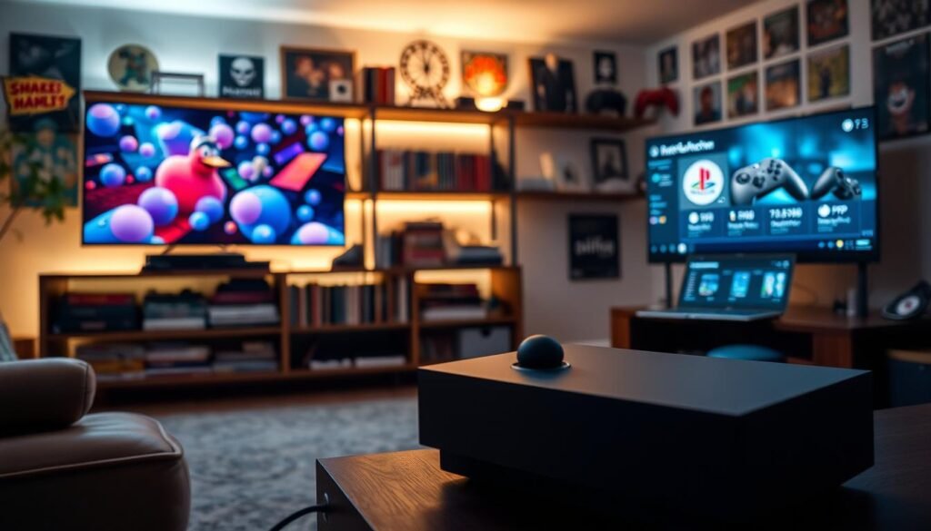 A cozy, modern living room setting showcasing a sleek Xbox Series X console prominently in the foreground, connected to a large high-definition TV displaying vibrant PSP game graphics in action. The middle layer features a well-organized shelf filled with retro gaming books, guides, and a laptop open to the RetroArch interface, illustrating emulation options. In the background, soft ambient lighting creates a warm, inviting atmosphere, with a mix of retro gaming memorabilia, like classic controllers and game covers, adorning the walls. The overall mood exudes nostalgia and excitement, highlighting the fusion of new and old gaming technologies. A slight focus effect emphasizes the console in the foreground, capturing the essence of modern retro gaming.