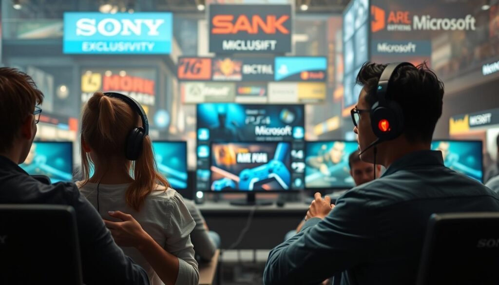 A dramatic scene illustrating the impact of competition in the gaming industry. In the foreground, a diverse group of gamers, including a woman and a man in professional casual attire, are intensely focused on their screens, showcasing different gaming consoles and expansive gaming setups. The middle layer features iconic gaming elements, like controllers, headsets, and graphics representing exclusivity, with tension created by contrasting colors—blue and red symbolizing Sony and Microsoft. In the background, an abstract representation of a marketplace, with digital storefronts and promotional ads blending into a bustling urban environment. Soft, diffuse lighting enhances the competitive atmosphere, while a shallow depth of field directs focus to the gamers, capturing a sense of excitement and concern over gaming exclusivity.