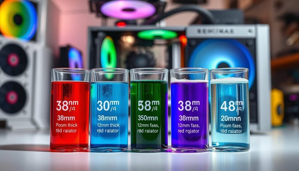 A high-resolution image depicting a technical comparison of cooling liquids for AIO 240mm coolers. In the foreground, showcase three glass containers filled with different colored cooling liquids, each labeled with their cooling performance ratings. The middle ground features a sleek, modern AIO 240mm cooler mounted inside a compact 8L case, emphasizing the 38mm thick design with 12mm fans and a 20mm radiator. The background includes blurred computer components and cooling accessories to create a tech-focused environment. Use a soft, diffused light to enhance the vivid colors of the liquids, casting subtle reflections on the glass. Capture the scene from a slightly elevated angle to provide a comprehensive view, creating a professional and informative atmosphere.