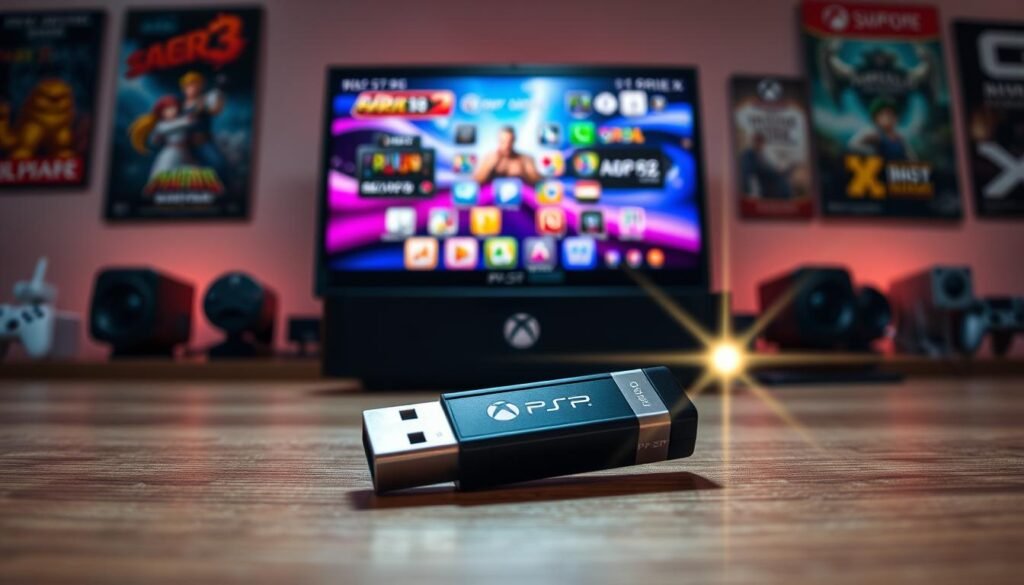 A high-resolution image of a sleek PPSSPP USB drive lying on a wooden desk, surrounded by a vibrant gaming setup. In the foreground, the USB drive should be prominently displayed, showcasing clear branding and intricate details. In the middle, a modern Xbox Series X console and a television screen are visible, displaying a colorful PSP game interface at 8x native resolution. The background features soft, ambient lighting with gaming posters. A slight lens flare should highlight the USB drive, creating a dynamic and energetic atmosphere, signifying cutting-edge technology and gaming. The overall mood should be exciting and inviting, perfect for gaming enthusiasts.