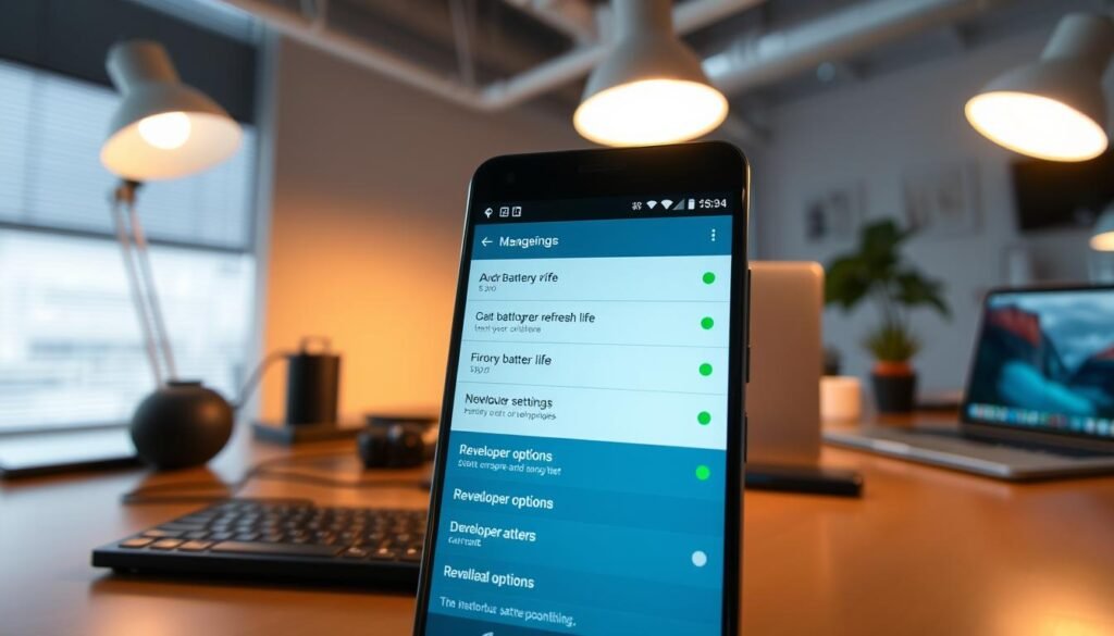 A modern Android smartphone displaying the battery management interface, with a focus on various settings related to optimizing battery life and refresh rates, in a tech-savvy workspace. In the foreground, highlight the phone's screen showcasing battery statistics and developer options with a clear and colorful graphical user interface. In the middle background, include a sleek desk with tech gadgets, a laptop, and a soft glowing lamp providing warm lighting. The overall atmosphere should be bright and innovative, radiating a sense of productivity. Use a wide-angle perspective to capture the entire setup, emphasizing the phone's screen and the professional setting.