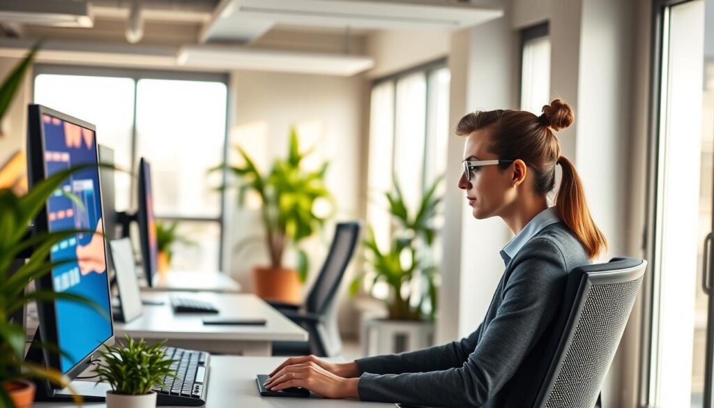 A modern office environment designed for eye health, featuring ergonomic desks, adjustable computer screens, and soft ambient lighting. In the foreground, a professional man and woman, both dressed in business attire, are engaged in focused work on their respective computers, utilizing blue light filters on their screens. The middle ground shows plants and eye-friendly elements like a standing desk and anti-glare monitors. The background features large windows with natural light streaming in, creating a warm and inviting atmosphere. Emphasize a sense of tranquility and productivity, with warm color tones, soft shadows, and a lens that captures the harmonious balance between technology and wellness.