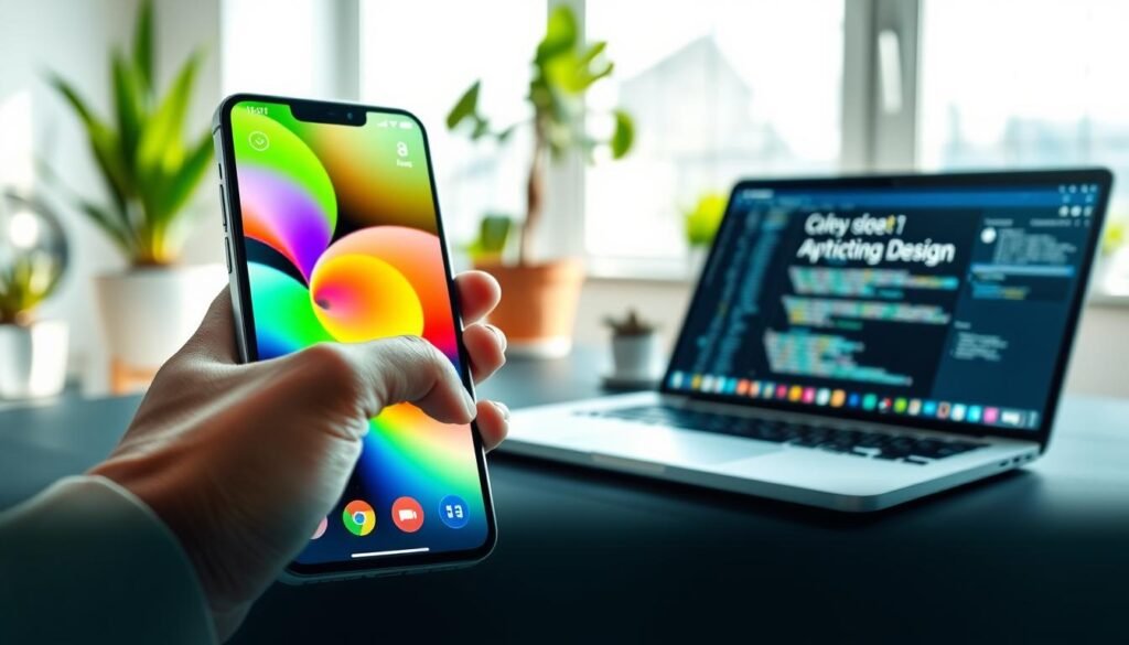 A modern, sleek smartphone displaying a dynamic application interface with vibrant colors and smooth animations. In the foreground, a user’s hand interacts with the touchscreen, showcasing intuitive gestures. The middle ground features a blurred laptop with code and design software open, symbolizing the background processes enhancing app optimization. The background includes a cozy, well-lit office space with potted plants and a large window letting in natural light, creating an inviting atmosphere. The overall mood is professional yet creative, emphasizing innovation and efficiency. The colors are bright and engaging, with a focus on greens and blues, portraying a sense of technology and freshness. The image should capture a thoughtful moment of interaction, highlighting the balance between user experience and application performance.