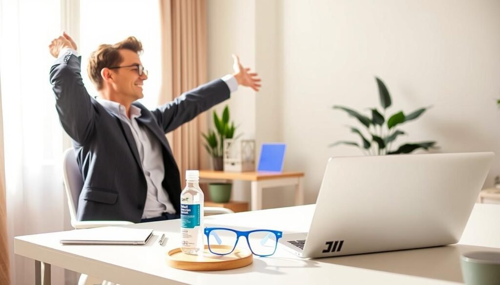 A serene home office scene depicting practical steps to alleviate digital eye fatigue. In the foreground, a person in smart casual attire is stretching their arms, sitting at a well-organized desk with a light, modern laptop. Their face shows relaxation while looking out a window that has soft natural light filtering through sheer curtains. In the middle ground, a small table with eye care items like artificial tears, blue light glasses, and a timer for breaks emphasizes self-care tools. The background features a calming plant and soft, neutral-colored walls to create a peaceful atmosphere. The lighting is bright yet warm, evoking a sense of tranquility and mindfulness. The image should convey a sense of relief and balance, reflecting the theme of combating screen fatigue.