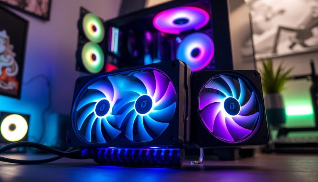 A sleek ID-Cooling FrostFlow X 240 AIO cooler prominently displayed in a modern tech setup. In the foreground, the cooler's matte black housing and RGB illuminated fans glisten under bright ambient lighting, showcasing its 240mm radiator. The middle ground features a tidy gaming PC case with a transparent side panel, revealing the intricate arrangement of components, while the background includes a subtle blurred effect of a stylish workspace with a hint of futuristic decor. The image is captured from a low angle to emphasize the cooler's design, with a soft-focus effect enhancing the vibrant colors of the RGB lighting, creating an inviting and tech-savvy atmosphere. The mood reflects innovation and performance, ideal for tech enthusiasts.
