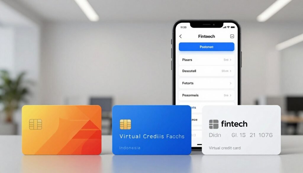 A sleek comparison chart of virtual credit card products in Indonesia, displaying three distinct cards prominently in the foreground. Each card features unique design elements such as colors, logos, and card types, symbolizing different fintech startups. In the middle ground, include a smartphone displaying a user-friendly app interface that allows users to compare features and benefits of these cards. The background showcases a modern, minimalistic office environment with soft lighting, creating a professional atmosphere. Use a slight depth of field effect to focus on the cards and smartphone, enhancing the sense of technology and innovation. The mood should be informative and engaging, reflecting the dynamic fintech landscape of Indonesia.