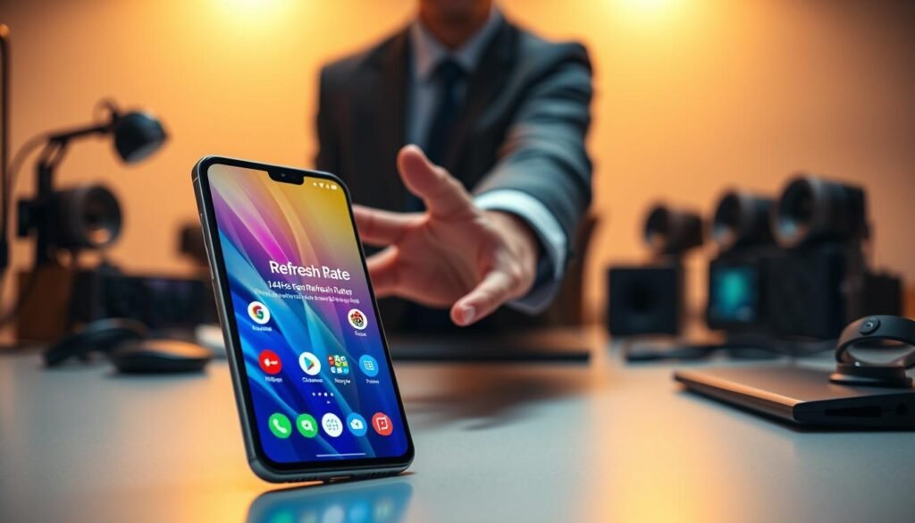 A sleek smartphone displaying the concept of "Force Peak Refresh Rate" with a vibrant 144Hz refresh rate indicator glowing on the screen. In the foreground, the phone is tilted to show its high-resolution display filled with colorful app icons and a crystal-clear animation showcasing smooth motion. The middle ground features a subtle hand reaching towards the phone, dressed in professional business attire. In the background, a modern tech workspace is illuminated with soft, warm lighting, highlighting gadgets and a minimalist desk setup. The atmosphere conveys a sense of innovation and technology, with a focus on the capabilities of Android developer settings, emphasizing clarity and speed. The image has a slight depth of field effect to draw attention to the phone while softly blurring the background elements, creating a professional, polished look.