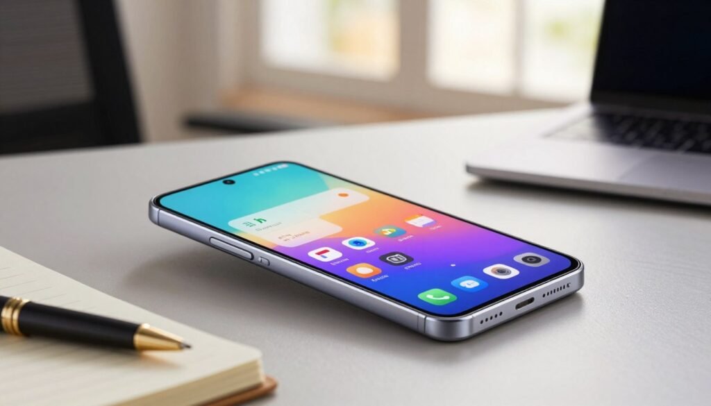 A close-up of the Samsung Galaxy A55 smartphone prominently displayed on a sleek, modern desk. The device is shown from a slightly angled top-down perspective to highlight its elegant design and new features, with its vibrant display lit up, showcasing a colorful app interface. In the foreground, soft-focus elements like a notebook and a stylish pen ensure attention remains on the phone. The background includes a blurred office setting, with warm, natural lighting filtering through a window, creating a welcoming atmosphere. Capture the essence of high-tech performance and stylish design, evoking excitement and curiosity about the specifications and capabilities of the Galaxy A55.