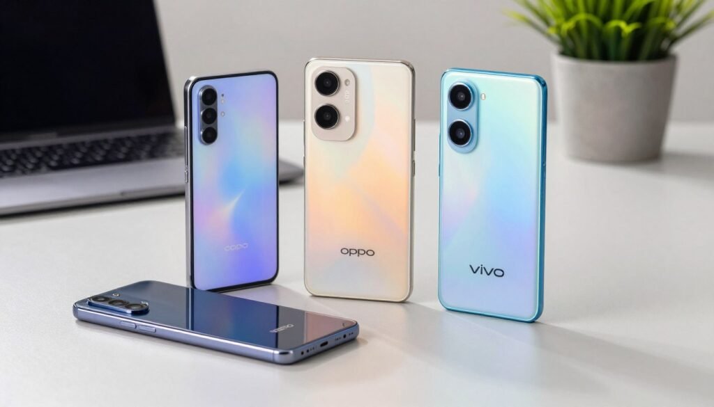A close-up shot of three mid-range smartphones, the Samsung A55, OPPO Reno12, and Vivo V40, positioned on a sleek, modern table. The smartphones are elegantly arranged in a triangular formation, showcasing their distinctive designs and colors. Bright, soft lighting highlights their features, casting gentle shadows and creating a professional atmosphere. In the background, a subtle out-of-focus workspace with a blurred laptop and a potted plant adds depth. The mood is tech-savvy and inviting, emphasizing the concept of durability and reliability associated with trusted brands. The overall composition is sharp, with a clear focus on the devices, encouraging viewers to consider their next smartphone choice.