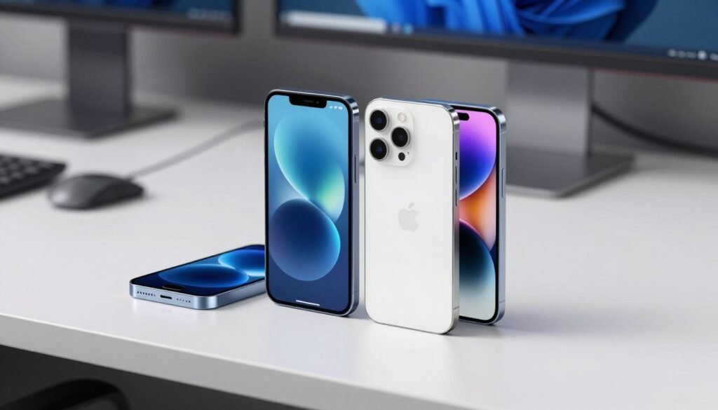 A close-up view of an iPhone SE (2026) and an iPhone 13 Mini, placed side by side on a sleek, modern desk. The phones are depicted in a well-lit office environment, showcasing their elegant designs and compact sizes. A subtle glow emanates from their screens, emphasizing the vibrant displays. In the background, blurred computer components and a faint circuit board pattern suggest advanced technology. The focus is sharp on the phones, with a shallow depth of field that softens the background. The lighting is bright, creating a clean and professional atmosphere. The overall mood conveys a sense of innovation and performance, highlighting the power behind the small form factor of these devices.