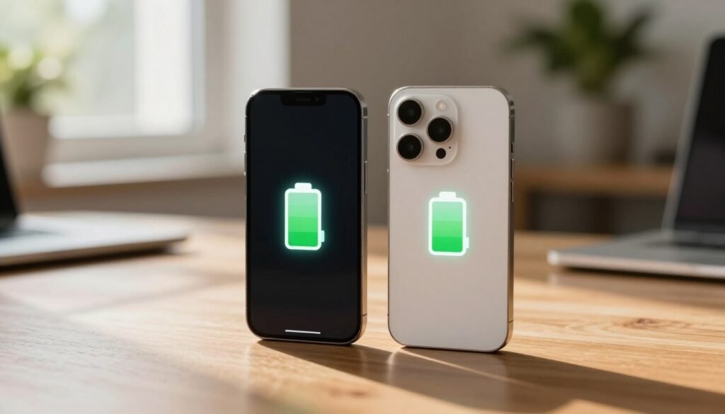 A close-up view of the battery life icon on an iPhone SE (2026) and an iPhone 13 Mini, both devices displayed prominently in the foreground on a sleek wooden table. The iPhones are positioned side by side, highlighting their compact sizes, with the battery icons glowing brightly to illustrate their endurance. Soft, natural lighting streams in from a nearby window, casting gentle shadows and creating a warm, inviting atmosphere. In the background, a subtle blurred effect showcases a cozy indoor setting with hints of greenery, symbolizing a productive day. Capture the essence of small yet powerful technology, emphasizing the theme of battery longevity. No text or watermarks in the image.