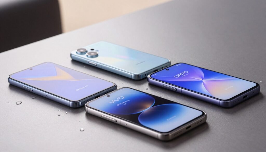 A detailed, close-up view of three smartphones on a sleek, modern surface, specifically highlighting the Samsung A55, OPPO Reno12, and Vivo V40. The devices are arranged in a triangular formation, showcasing their unique designs and build quality. In the foreground, focus on the smartphones' screens displaying impressive graphics, reflecting their IP ratings and durability features. The middle ground features elements like water droplets and a splash of dust, symbolizing their resistance to water and dirt. In the background, use soft, neutral lighting to create a professional atmosphere, enhancing the sleek metallic finishes of the phones. The mood is clean and sophisticated, capturing the essence of modern technology and durability.